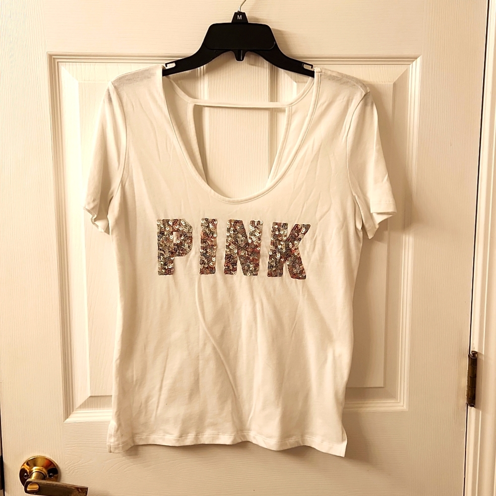 PINK white sequin backless tee